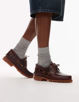 Timberland authentic 3-eye lug boat shoes in burgundy | ASOS