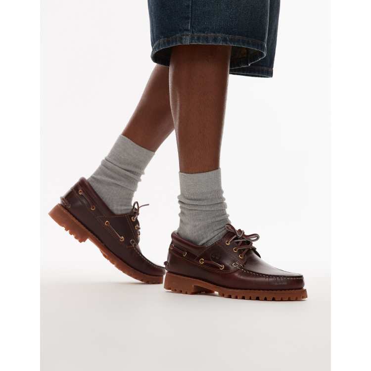 Timberland authentic 3-eye lug boat shoes in burgundy | ASOS