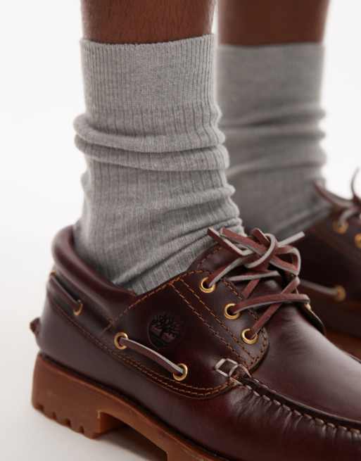 Timberland authentic 3-eye lug boat shoes in burgundy | ASOS