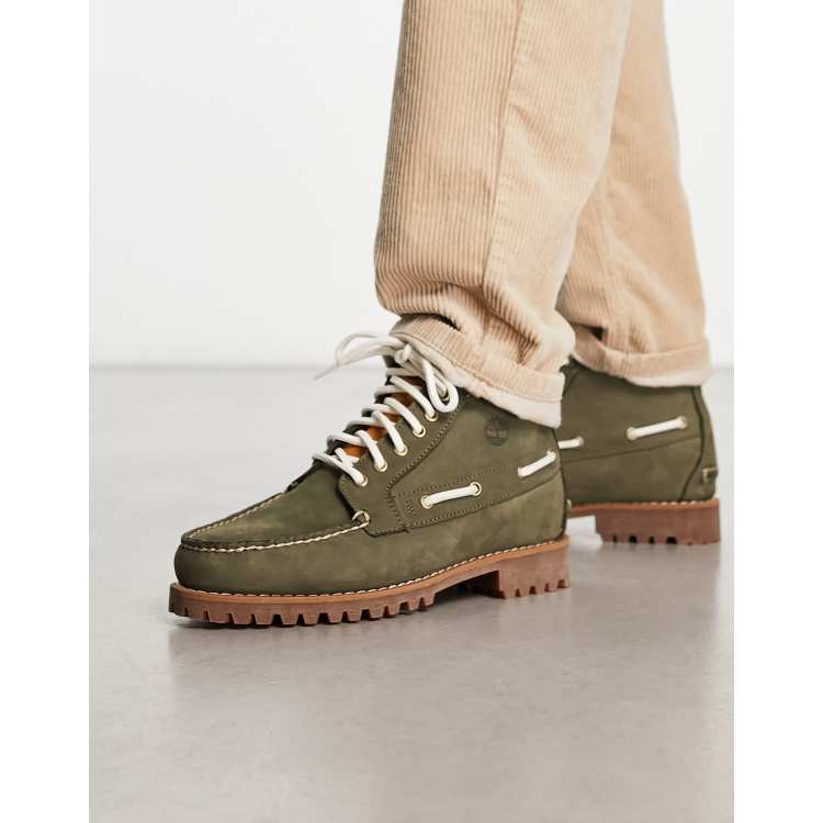 Dark green shop nubuck timberlands