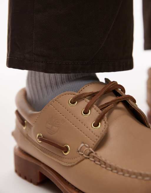 Timberland – Authentic – Beige, klassiska seglarskor i läder med tre par öljetter, 2 av 4