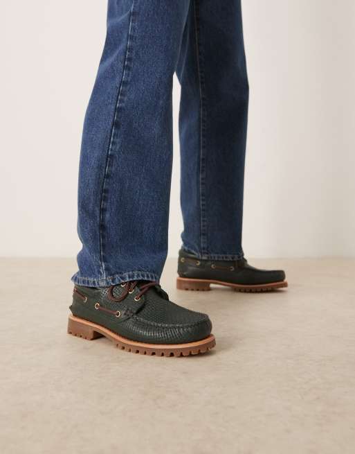 Timberland Authentic - Chaussures bateau classiques à 3 paires d'œillets en cuir tissé - Vert, 2 de 4