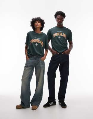 Timberland Authentic - Oversize-T-Shirt in Dunkelgrün mit großem College-Logo auf der Brust