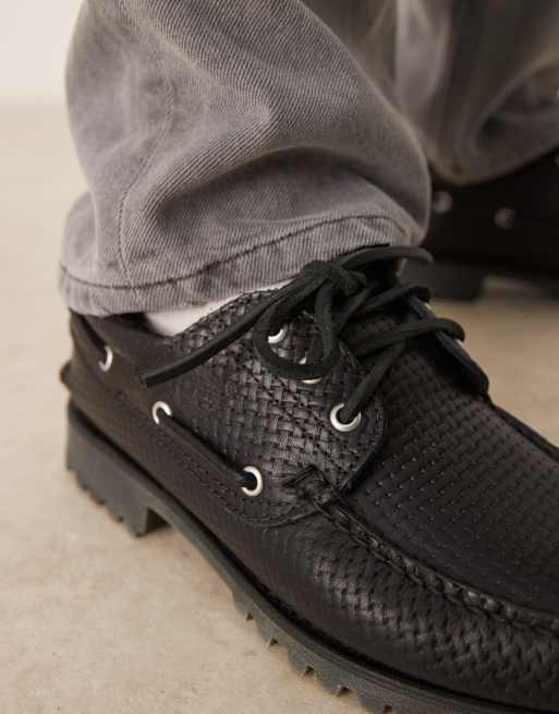 Timberland Authentic - Scarpe da barca classiche nere intrecciate in pelle a 3 occhielli, 2 di 4