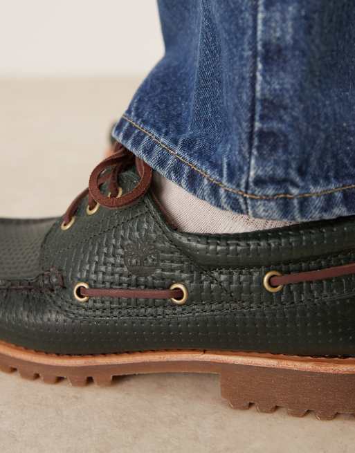 Timberland Authentic - Scarpe da barca classiche verdi intrecciate in pelle a 3 occhielli, 3 di 4