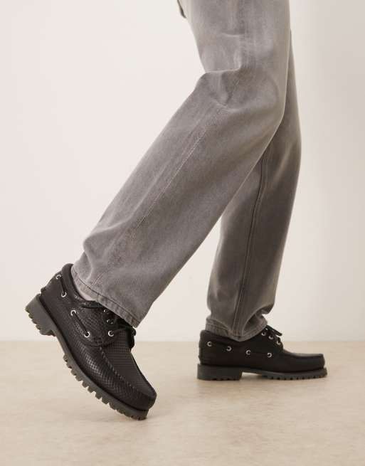 Timberland – Authentic – Svarta, klassiska seglarskor i heltäckande, vävt läder med 3 öljetter, 3 av 4