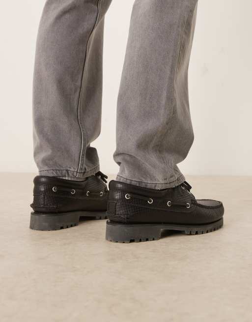 Timberland – Authentic – Svarta, klassiska seglarskor i heltäckande, vävt läder med 3 öljetter, 4 av 4