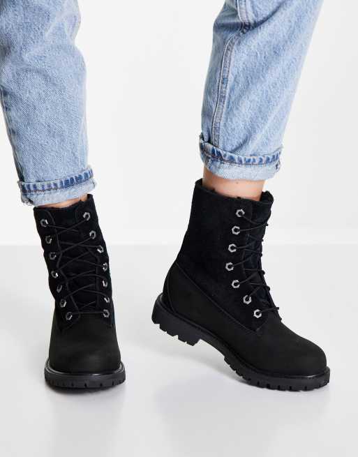 Timberland Authentic Teddy fleece lace up boots in black ASOS