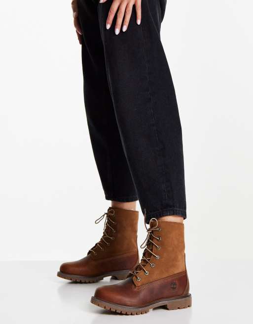 Timberland Authentic Teddy fleece lace up boots in brown ASOS