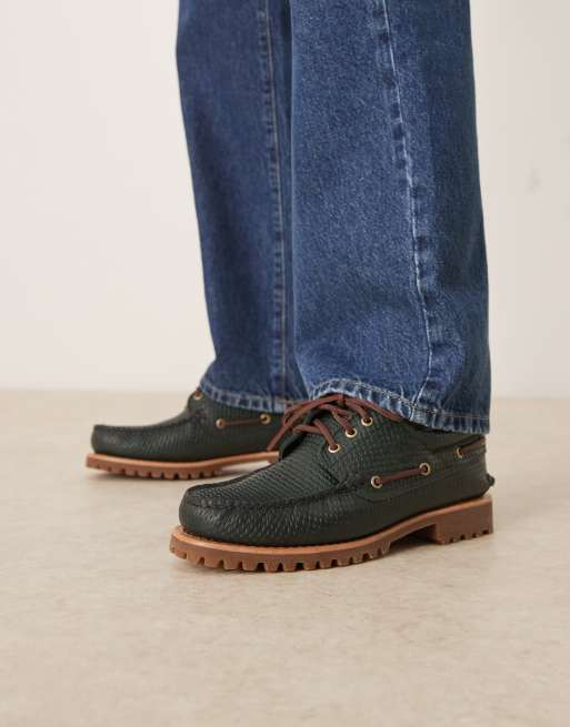 Timberland Authentic – Zielone klasyczne buty żeglarskie z 3 rzędami oczek ze skóry z plecionym wzorem