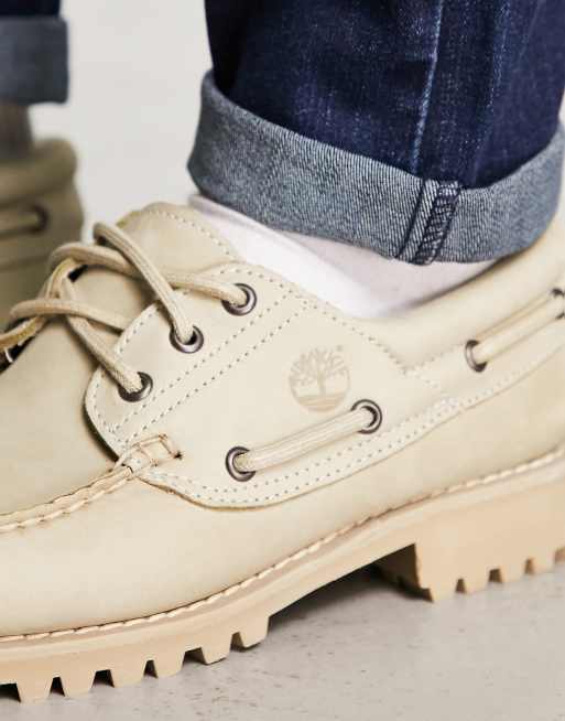 Timberland - Authentics - Klassieke bootschoenen van nubuckleer met 3 veteroogjes in beige, 3 van 4