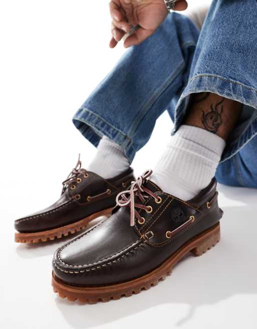 Timberland Authentics – Klassische Bootsschuhe aus braunem Vollnarbenleder mit 3 Ösen