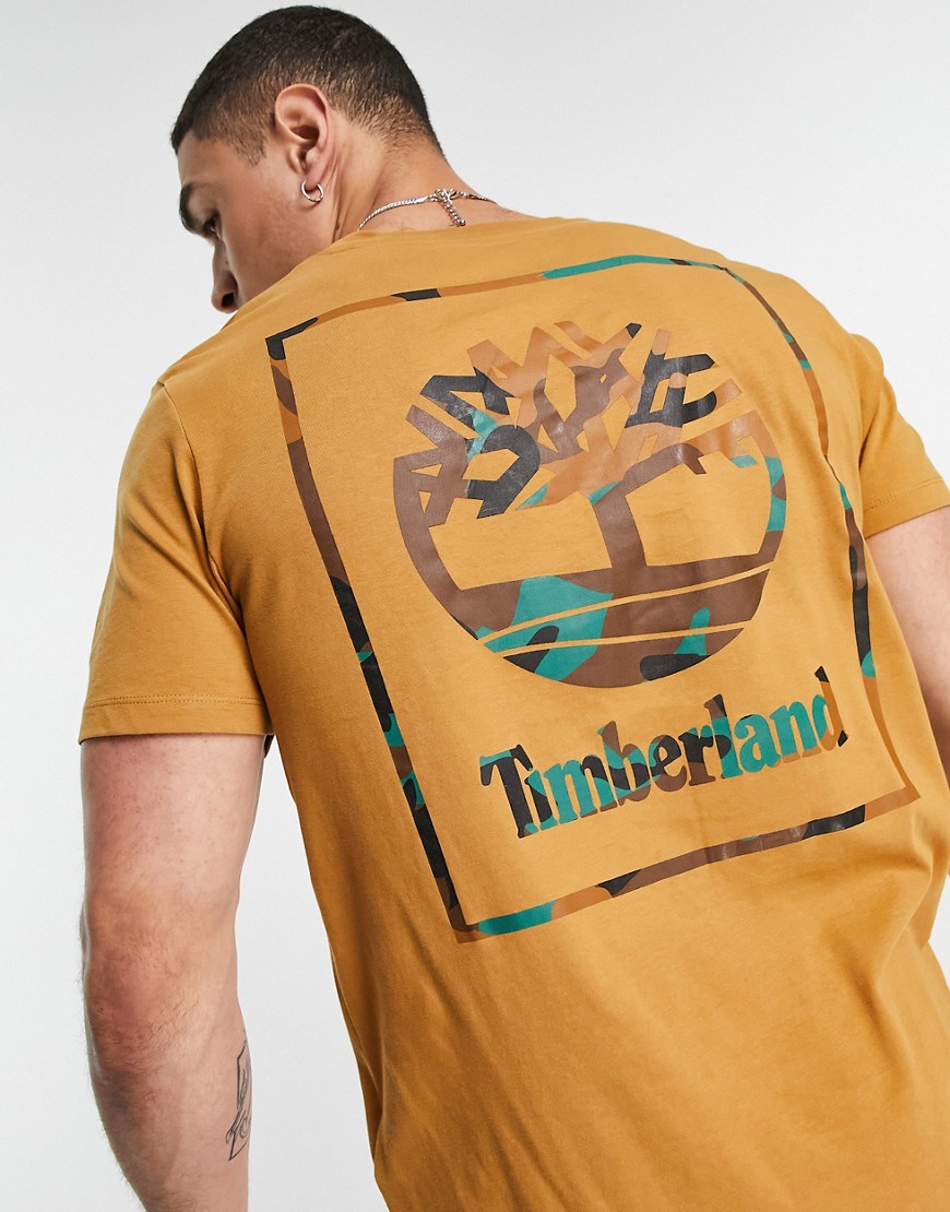 Timberland Back Box Camo Print t-shirt in wheat tan-Brown
