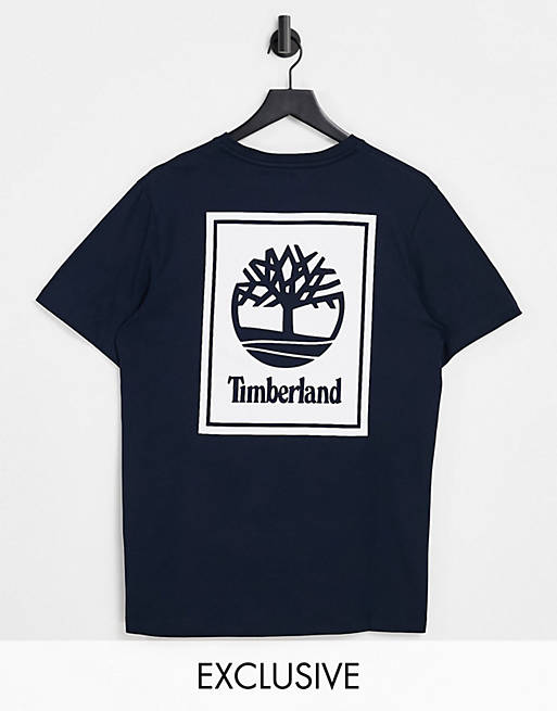 Timberland Back Stack t-shirt in navy Exclusive at ASOS