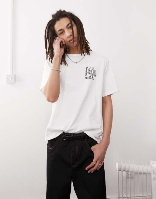 Timberland – Biały T-shirt z logo z pudełkiem na buty na plecach
