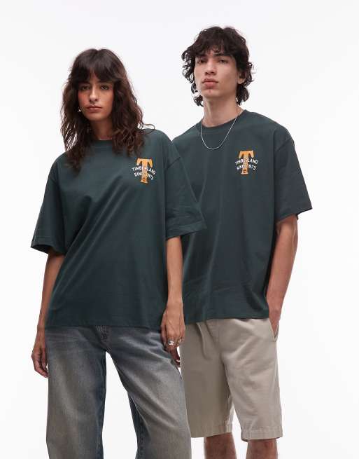 Timberland Big T back print oversized t-shirt in dark green, 2 of 4