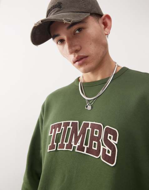 Timberland boucle chest script logo sweatshirt in dark green - view 1