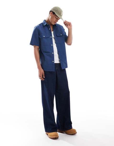 Timberland - Camicia giacca multitasche in cotone e lino color denim scuro - view 1