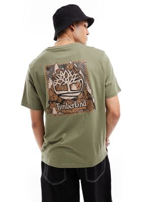 Timberland camo tree back print logo oversized t-shirt in khaki Exclusive to Asos-Green