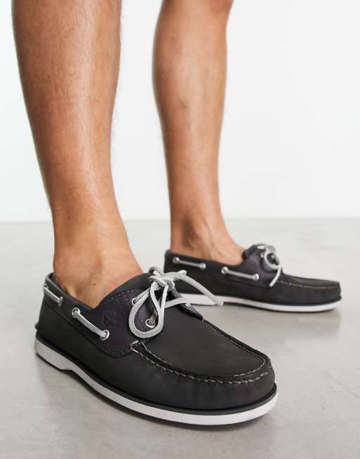 Grey leather store boat shoes