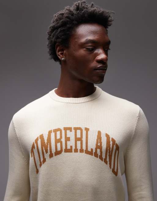 Timberland collegiate chest logo crew knit jumper in off white, 5 of 5