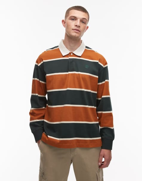Timberland contrast stripe rugby polo shirt in green and brown - view 1