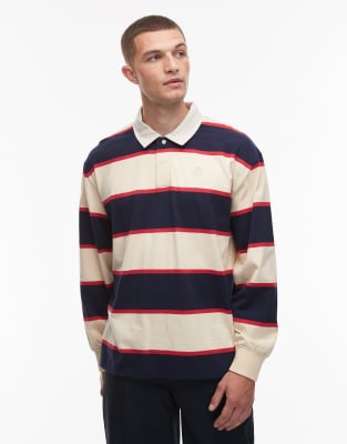 Timberland Timberland contrast stripe rugby polo shirt in navy and off white-Green