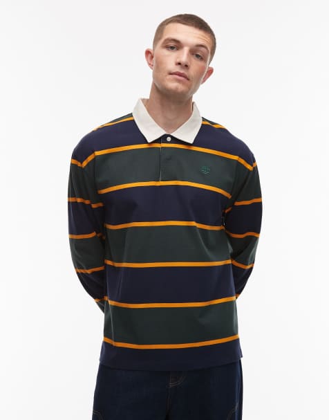 Timberland contrast stripe rugby polo shirt in navy and off white - view 1