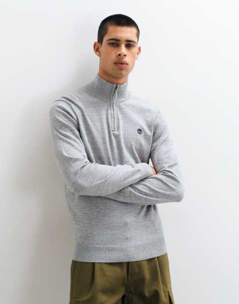Timberland Cotton 1/4 zip sweater in medium grey heather - view 1