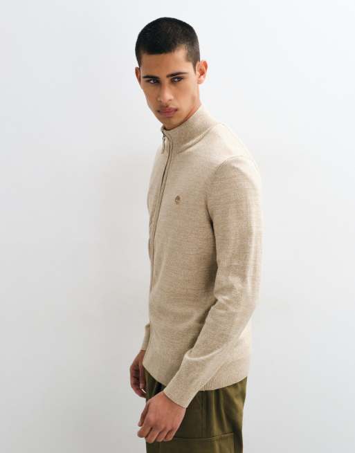 Timberland Cotton full zip sweater in light oatmeal heather, 4 of 5