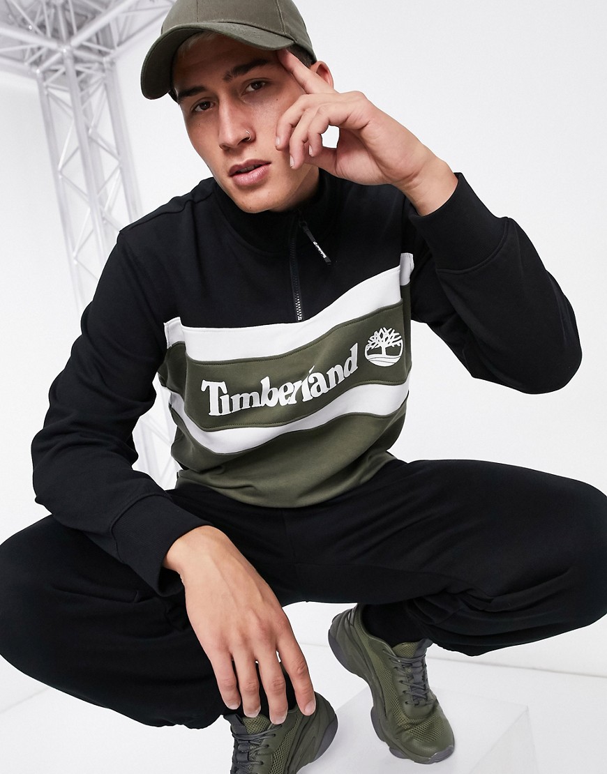 Timberland - Cut & Sew - Logo-sweatshirt met korte rits en kleurvakken in olijfgroen/zwart