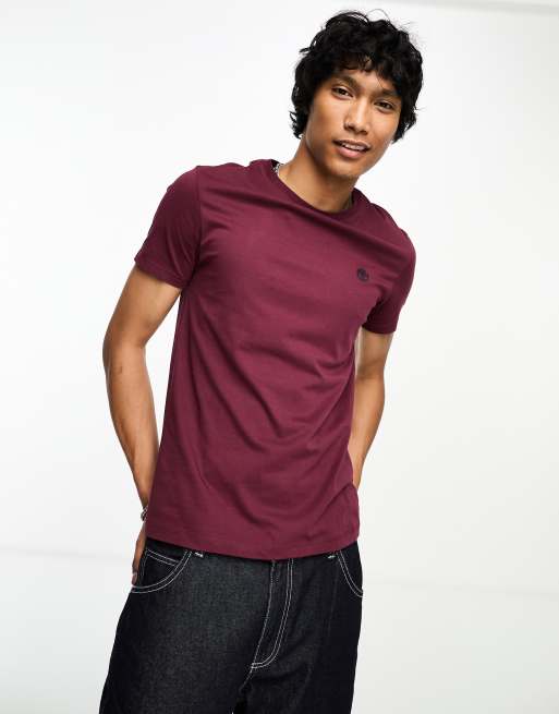 Timberland dunstan river left chest logo t-shirt in burgundy | ASOS