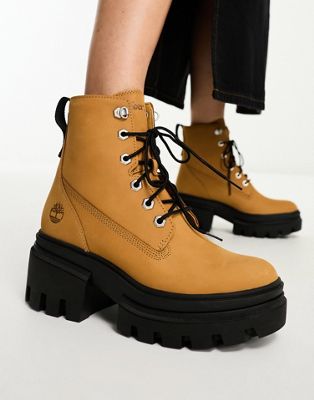 Timberland everleigh 6 inch lace up chunky boots in wheat nubuck leather