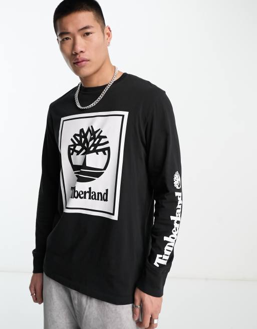 Timberland Front Stack Logo long sleeve t-shirt in black | ASOS