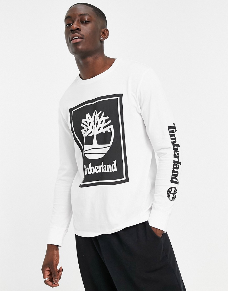 Timberland front stack long sleeve logo t-shirt in white