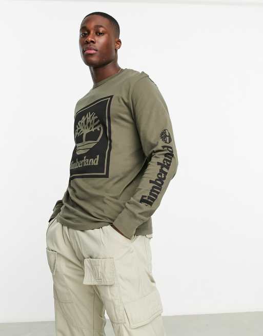 Timberland - Front Stack - T-shirt kaki a maniche lunghe con logo