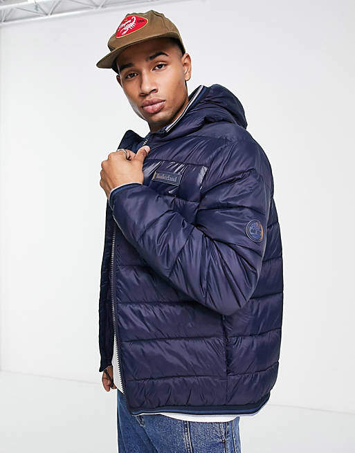 Timberland Garfield mid weight hooded puffer jacket in navy | ASOS