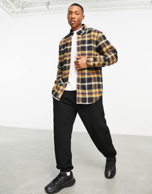 Timberland Heavy flannel plaid shirt in black and orange