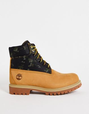 Timberland Heritage WP camo boots in wheat tan