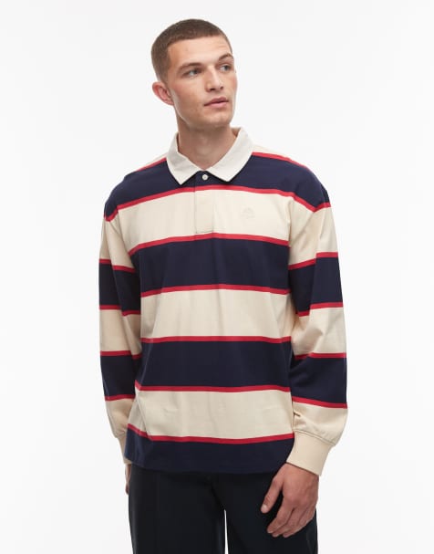 Timberland contrast stripe rugby polo shirt in navy and off white