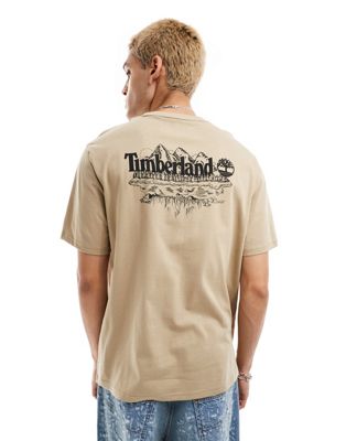 Timberland large mountain back print oversized t-shirt in beige Exclusive to Asos-Green