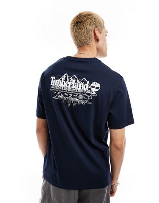 Timberland large mountain back print oversized t-shirt in navy Exclusive to Asos-Black