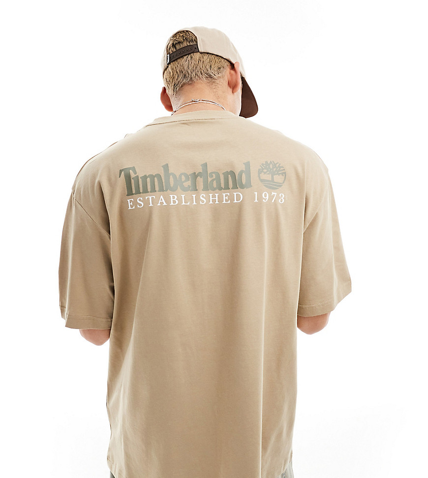 Timberland large script logo back print oversized t-shirt in beige Exclusive to Asos-Green