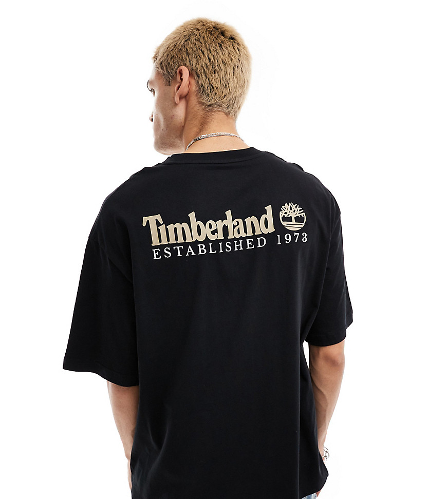 Timberland large script logo back print oversized t-shirt in black Exclusive to Asos-Red