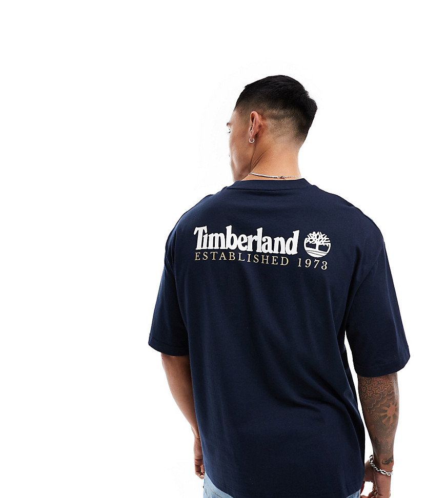 Timberland large script logo back print oversized t-shirt in navy-Black