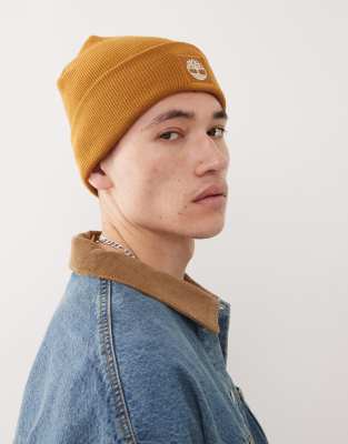 Timberland Timberland logo cuffed beanie in wheat-Brown