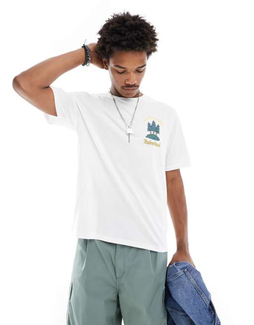 Timberland mountain landscape back print oversized t-shirt in white, 2 of 4