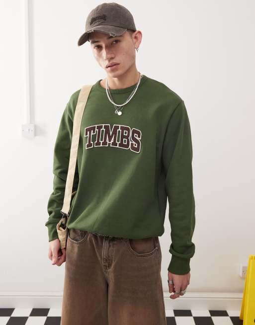 Timberland - Mørkegrøn sweatshirt i boucle med logoskrift på brystet, 4 af 4
