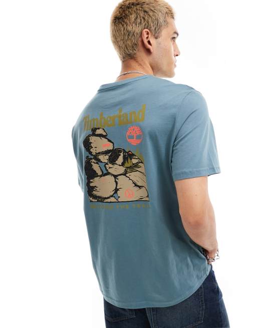 Timberland – Niebieski T-shirt oversize z dużym nadrukiem z motywem głazów na plecach – tylko w ASOS