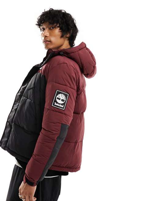 Timberland outdoor archive puffer jacket in black/burgundy | ASOS